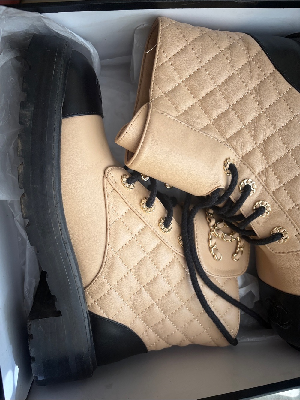 CHANEL Beige Quilted Lace-Up Ankle Boots with Black Cap Toe